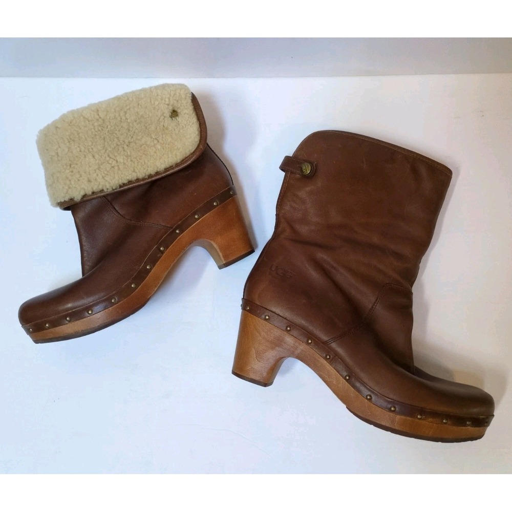 UGG Australia Lynnea Leather Shearling Size 10 Wood Clog Boots 1958 Fold Over